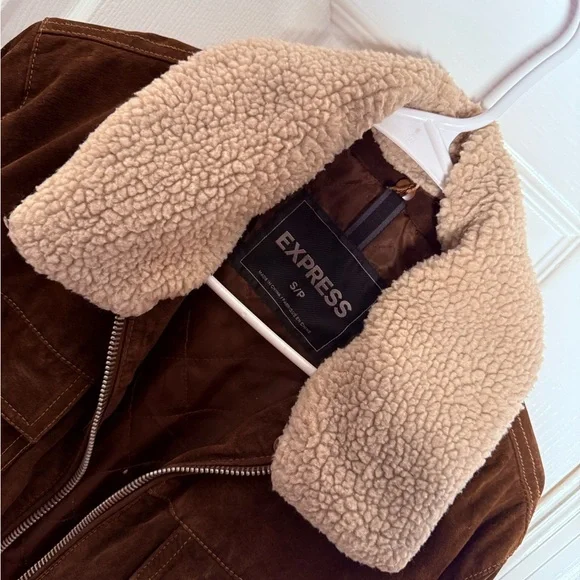 Express Men's Chocolate Brown Suede Bomber with Cream Collar - Picture 2 of 8